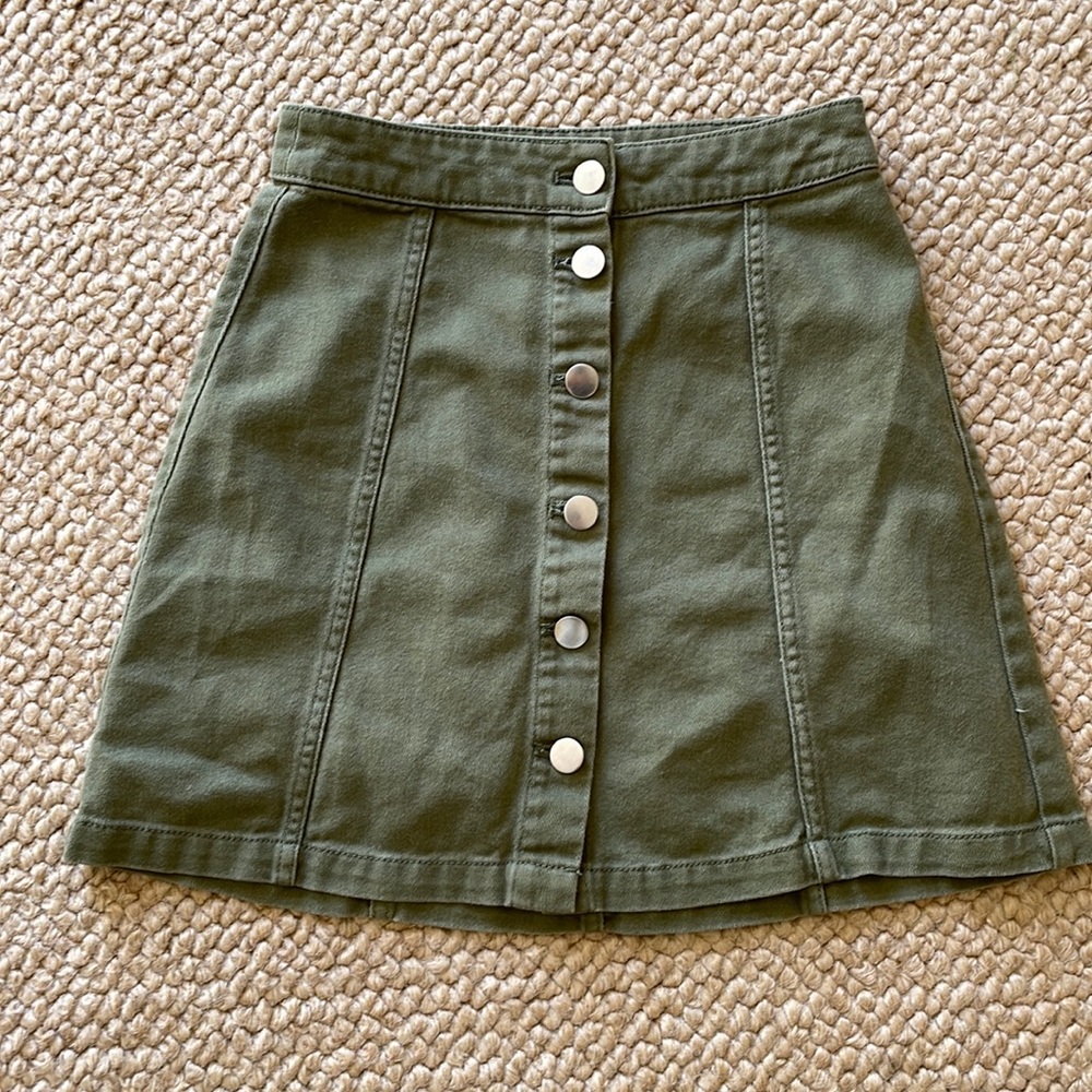 Olive green mini Jean skirt, size 0/2